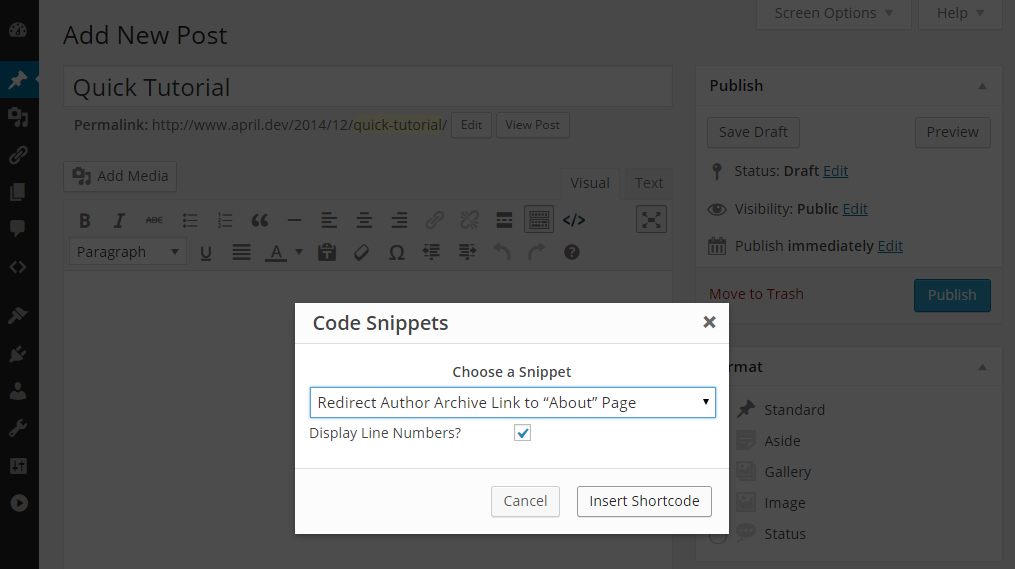 First, it creates a wordpress custom post type called 'snippets', where you can maintain your library . Manage Code Snippets in WordPress with the Code Snippets Custom Post Type Plugin - WordPress Tavern