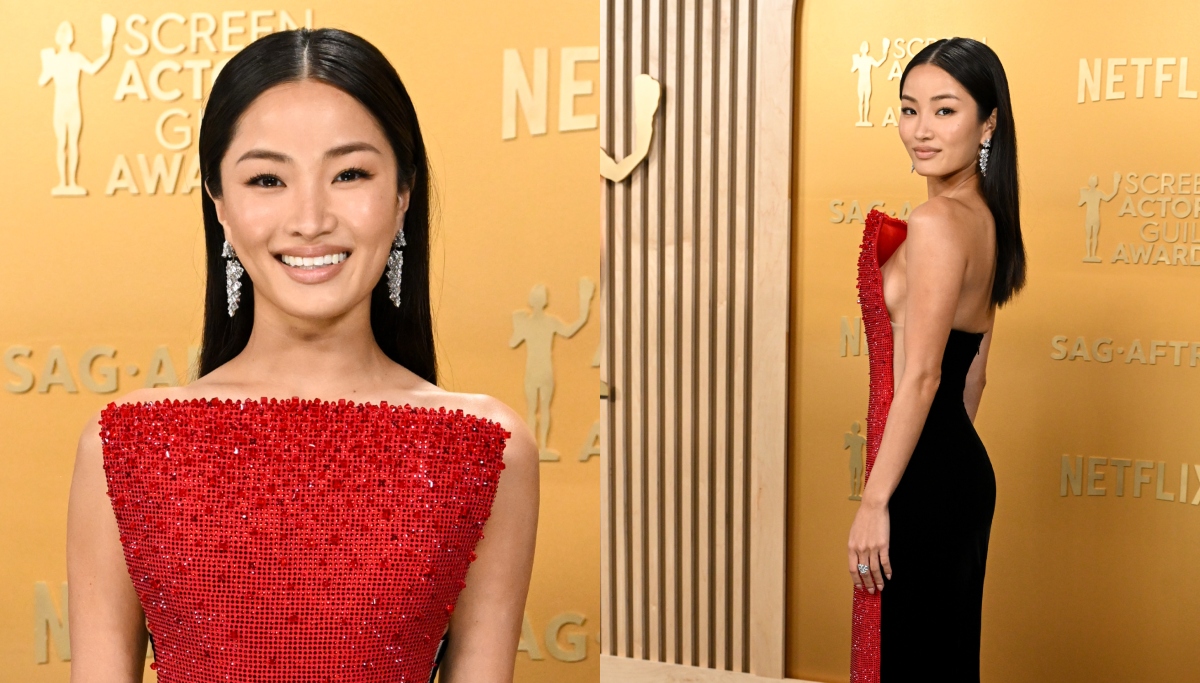 Anna Sawai Shines in Crystalized Red Armani Privé Gown With Sculptural Bustier on 2025 SAG Awards Red Carpet