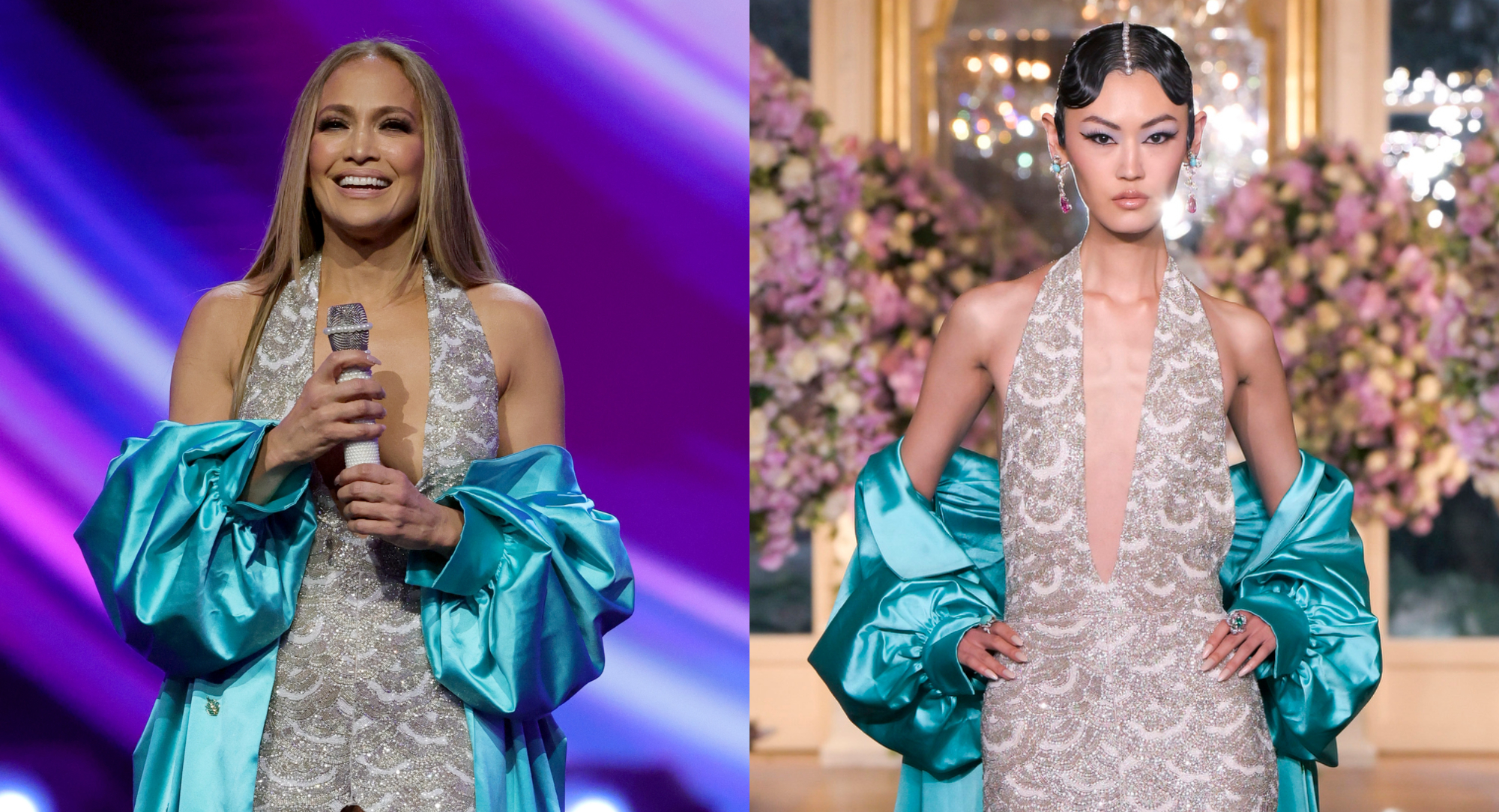 Jennifer Lopez Hosts American Music Awards 2025 in Plunging Miss Sohee Dress and Embroidered Cape