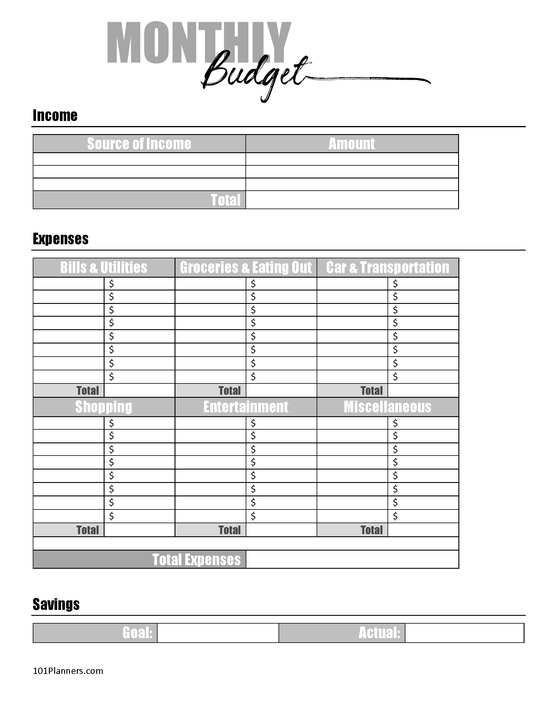 Printable Budget Chart