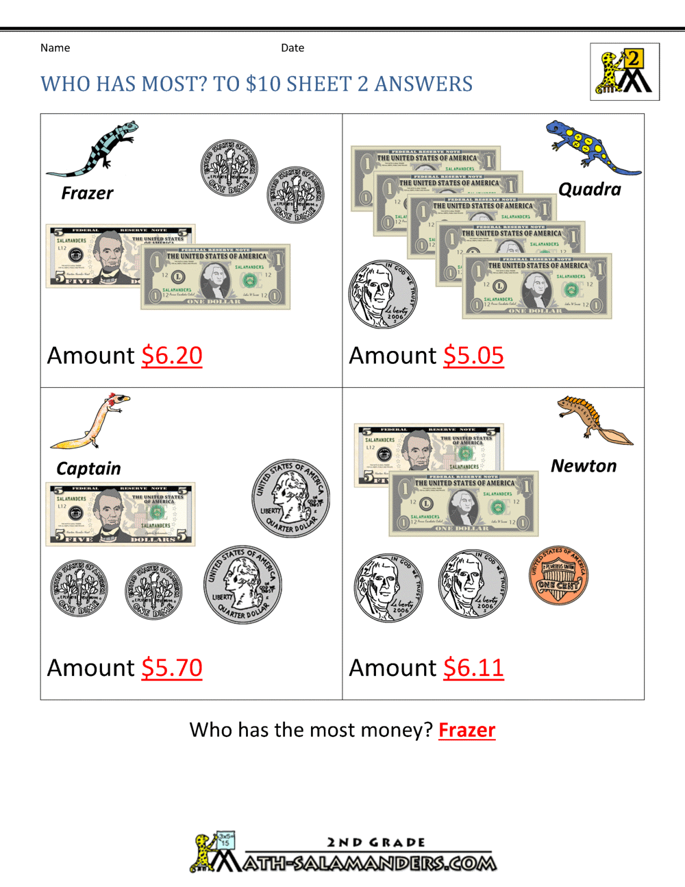 printable money worksheets to 10