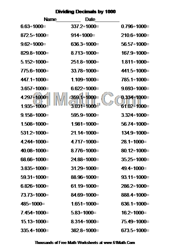 dividing decimals by 1000 create your own math worksheets