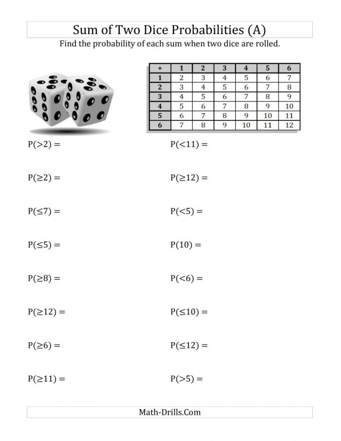 probability dice worksheets 99worksheets