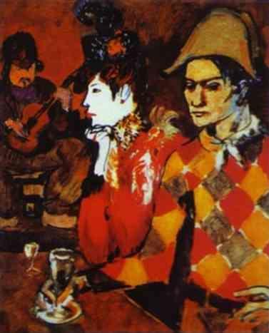 The painting is called the blind man's meal. Pablo Picasso. In 'Lapin Agile' or Harlequin with a Glass.