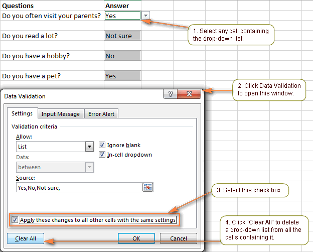 Go to the data tab on the ribbon, then data validation. Excel drop-down list - how to create, edit and remove a ...