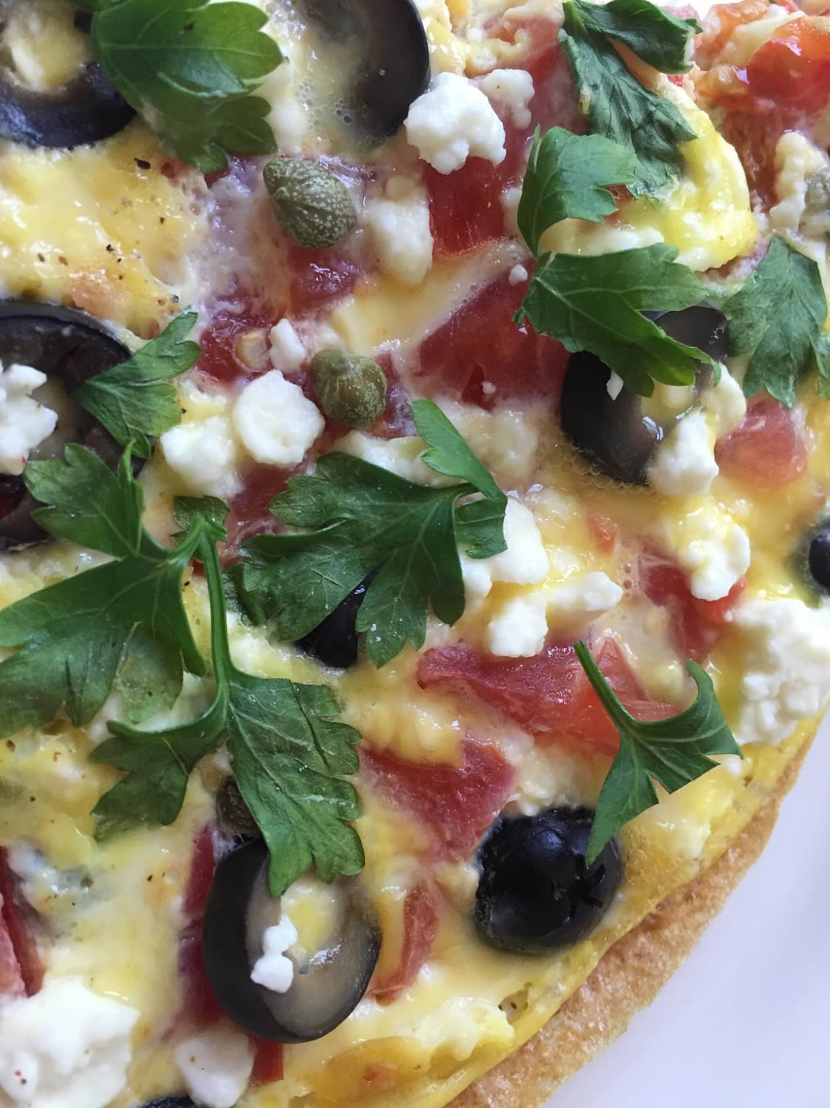 Mediterranean Breakfast Pizza aka OpenFaced Omelette
