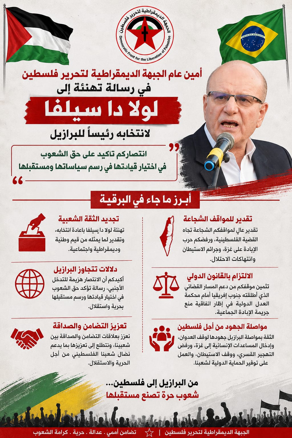 امين عام الجبهة الديمقراطية في رسالة تهنئة الى &laquo;لولا دا سيلفا&raquo; لانتخابه رئيسا للبرازيل: انتصاركم تأكيد على حق الشعوب في اختيار قيادتها وفي رسم سياساتها ومستقبلها