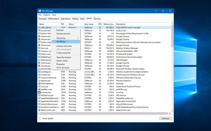 uppgiftshanteraren ställer in affinitet