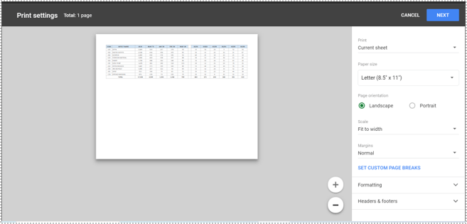 print in google sheets