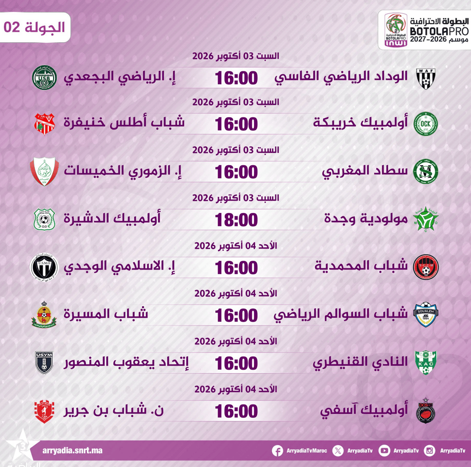 البطولة الاحترافية &ldquo;إنوي&rdquo; للقسم الثاني (2026-2027): برنامج مواجهات الجولة الثانية