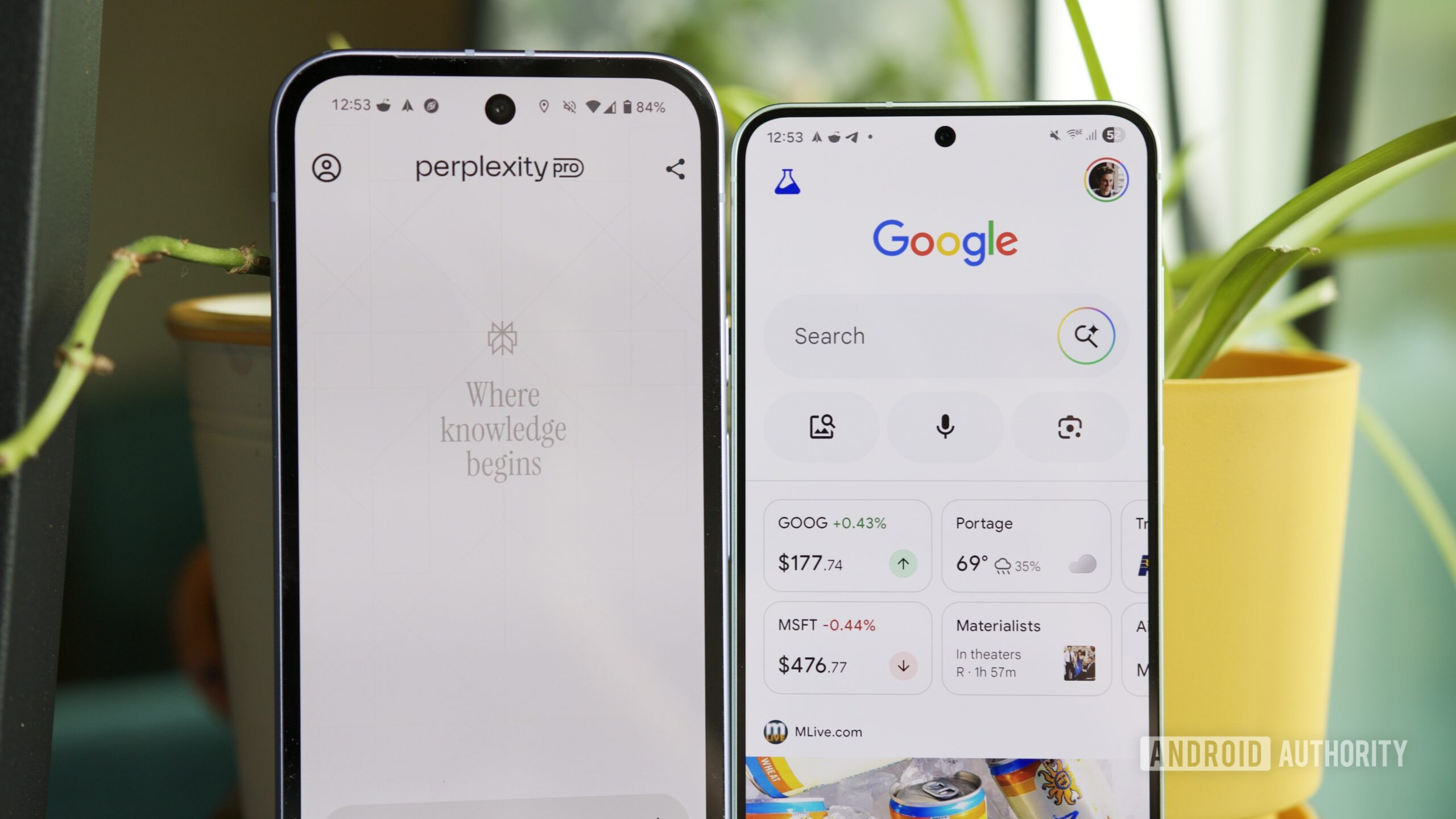 perplexity google app comparisons hero Two Android phones, one running the Perplexity app, another running the Google app.