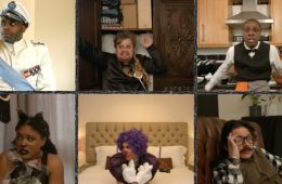 A screen divided into six squares, each containing a costumed character with a frightened expression on their face.