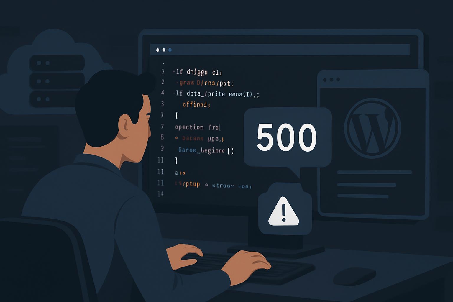 WordPress 500 錯誤與 PHP 錯誤日誌排查示意圖