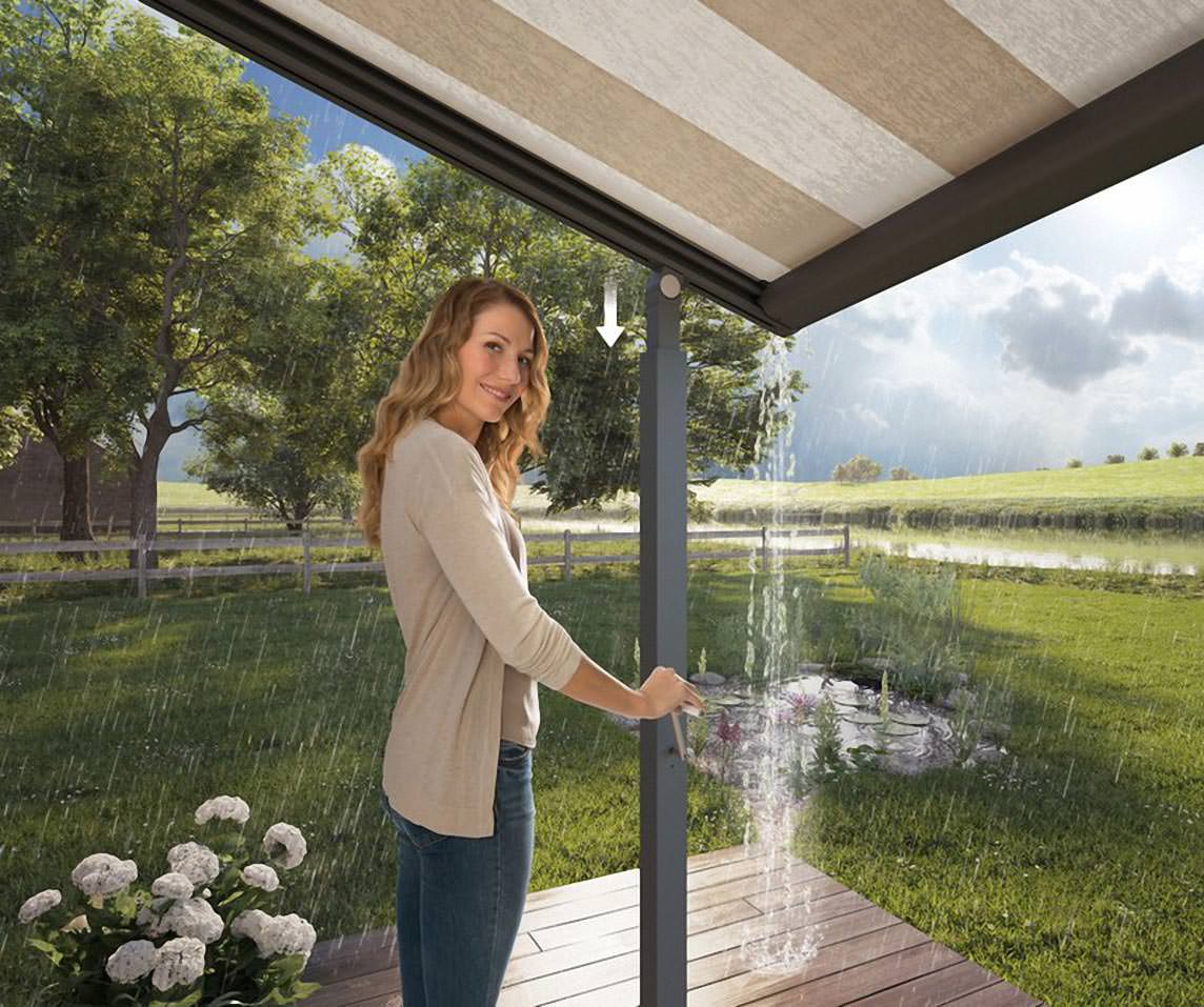 Schutz vor regen boten bei markisen bislang nur sonderbespannungen. Windstabile und regenfeste Pergola-Markise Plaza Viva neu