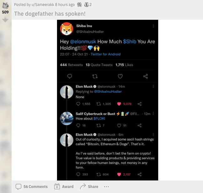 Use the social share button on our pages to engage with other crypto enthusiasts. Yes To Dogecoin No To Shiba Inu How Fans On Reddit Are Reacting To This Elon Musk Revelation Dogecoin United States Dollar Doge Benzinga