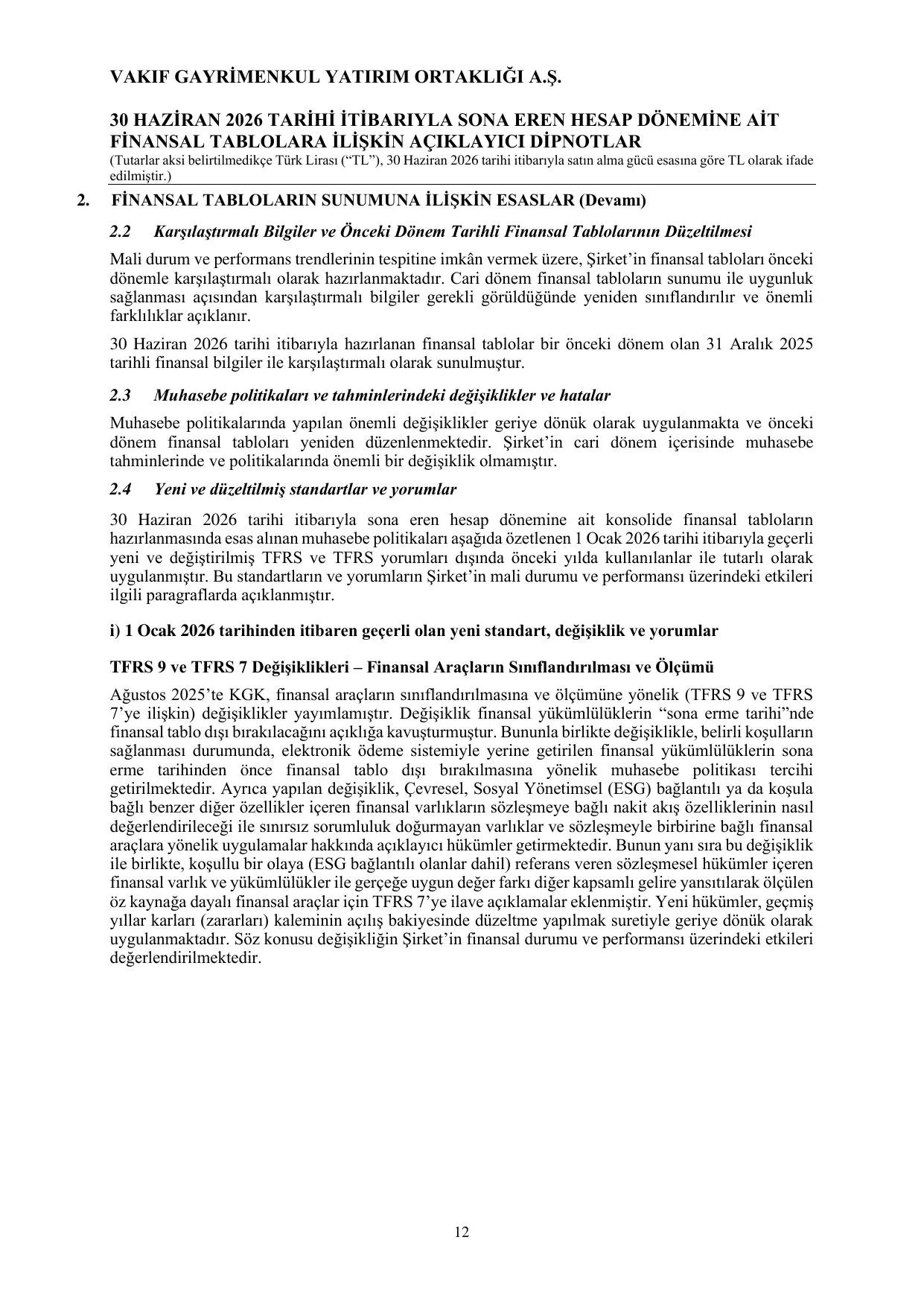 Vakıf GYO Finansal Rapor 30.06.2026 TR.pdf — sayfa 14