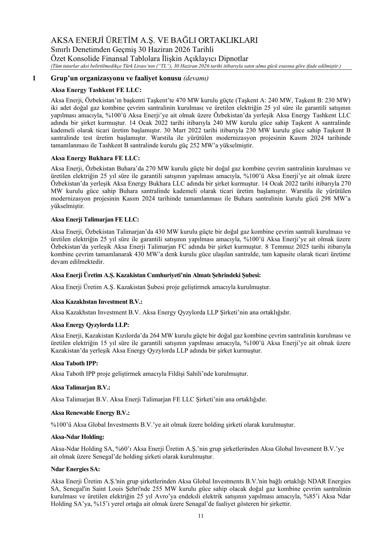 Aksa Enerji Üretim A.Ş. ve Bağlı Ortaklıklar 30 Haziran 2026 SPK Raporu.pdf — sayfa 14