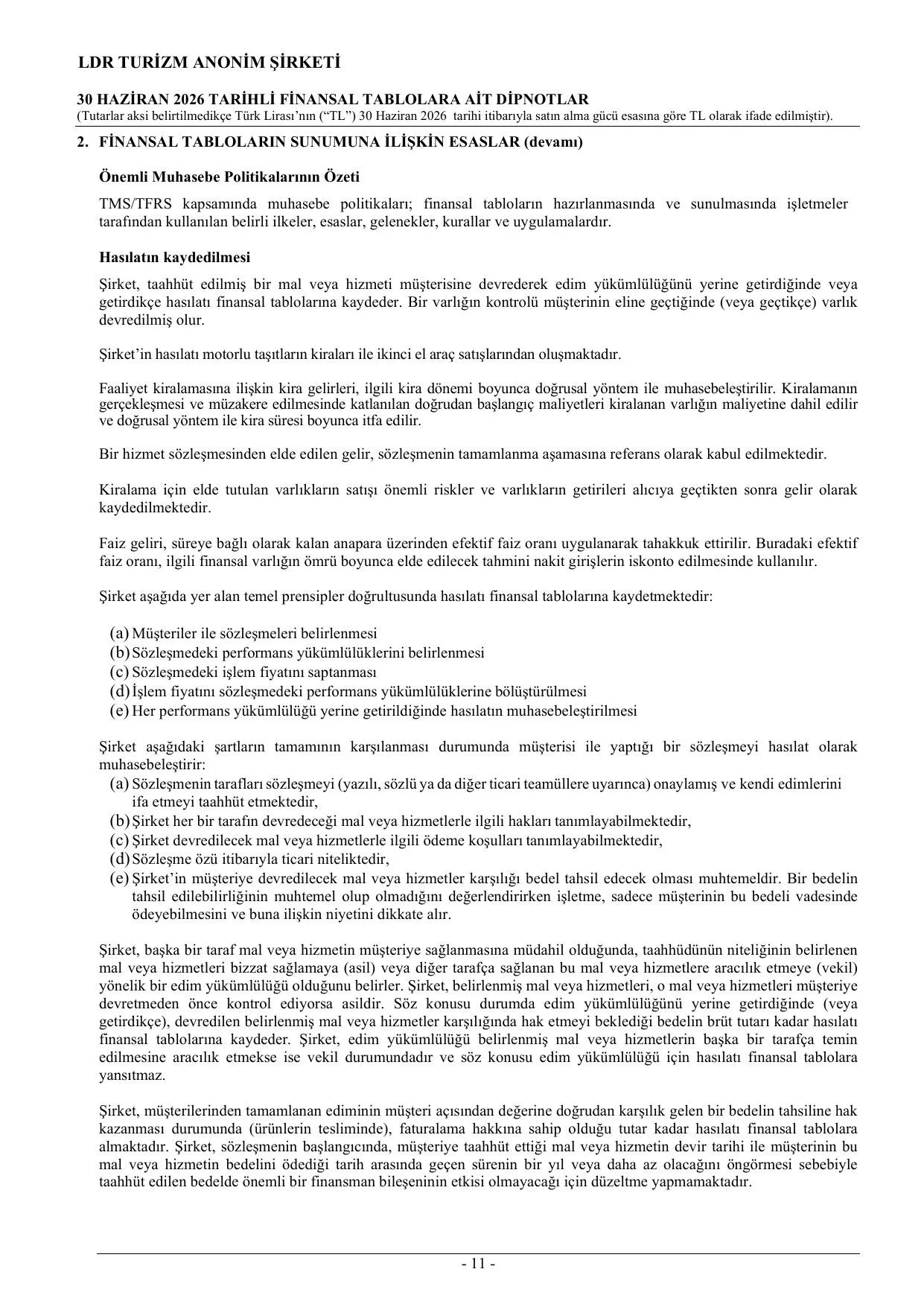 LDR Turizm A.ล. 30.06.2026 Tarihli Finansal Tablolar (Konsolide Olmayan).pdf โ sayfa 14