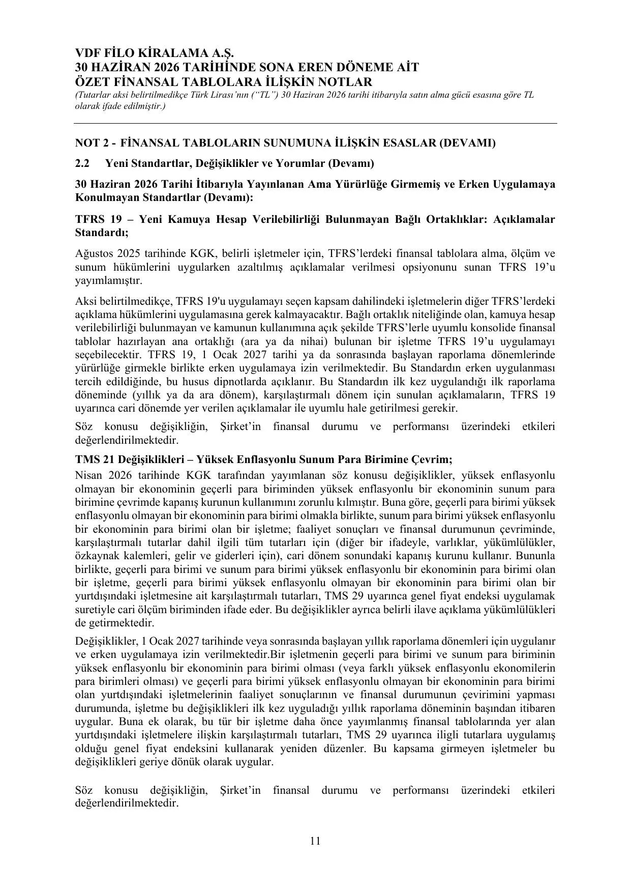 Vdf Filo Kiralama A.ล. 30.06.2026 Finansal Raporu.pdf โ sayfa 14