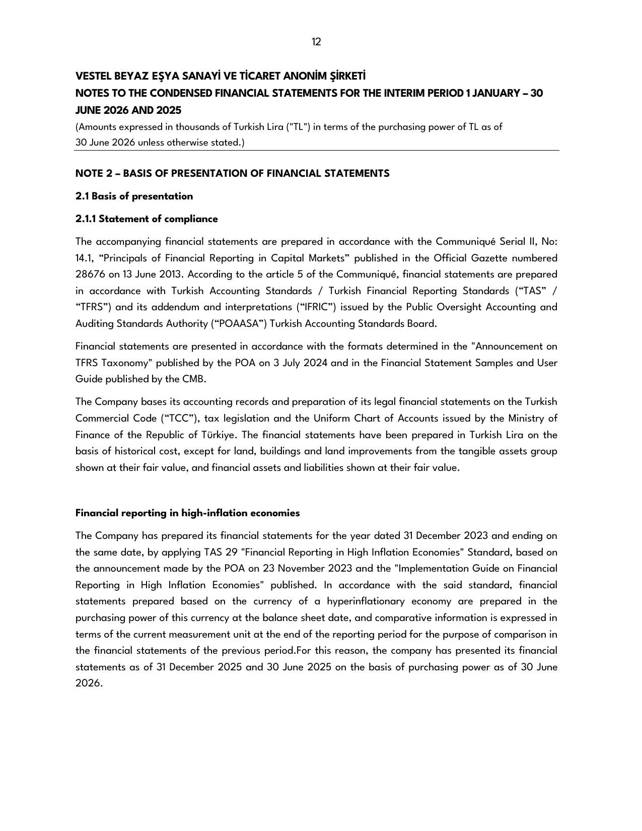Vestel Beyaz Eลya 30.06.2026 -Financial Report.pdf โ sayfa 14