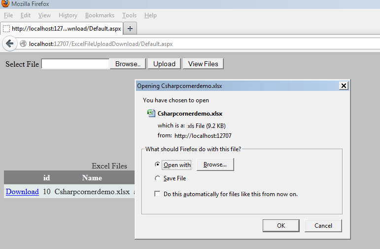 The following code will create zip file in asp.net with the help of ionic.zip.reduced.dll. Uploading and Downloading Excel Files From Database Using