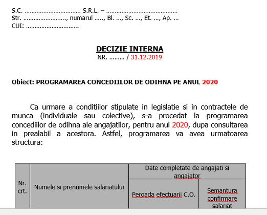 Data incetare suspendare cim, concediu crestere copil. Decizie InternÄ Privind Programarea Planificarea Concediilor De OdihnÄ Pe Anul 2020 Gratuit Editabil Èi Actualizat Model Cabinetexpert Ro Blog Contabilitate