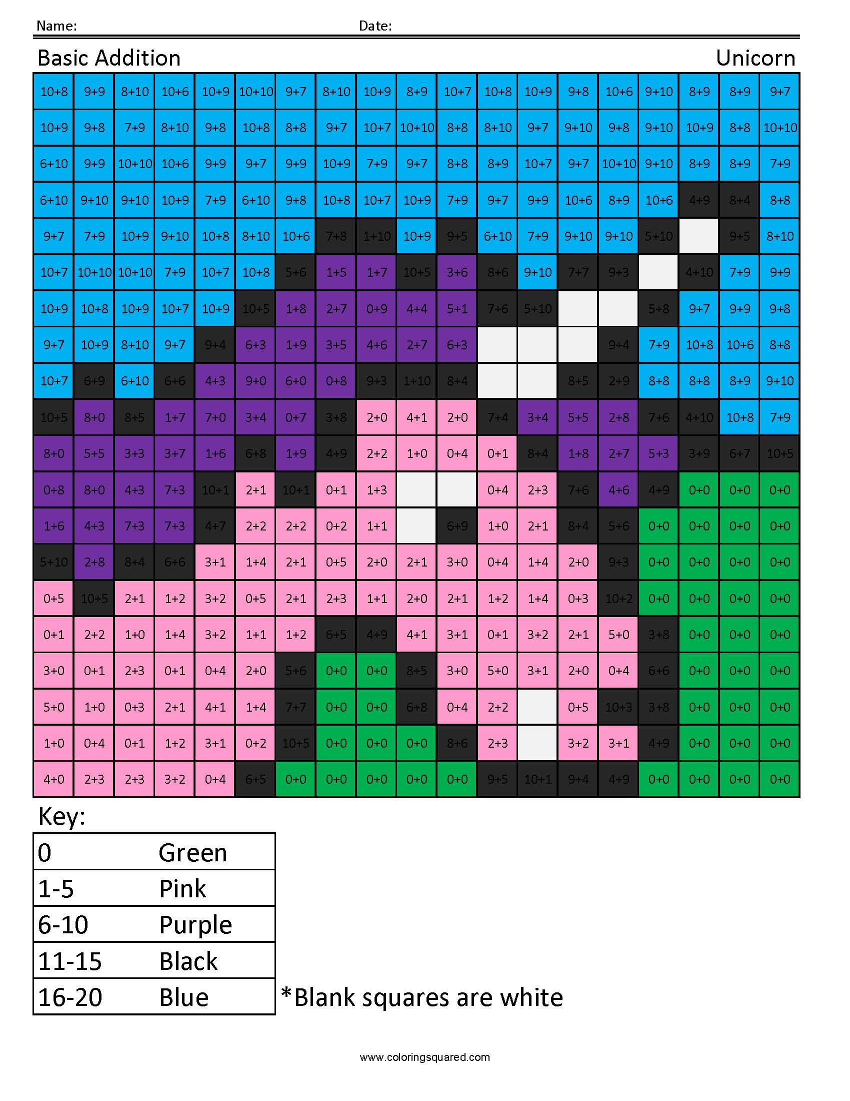 1g10 unicorn first grade math coloring squared