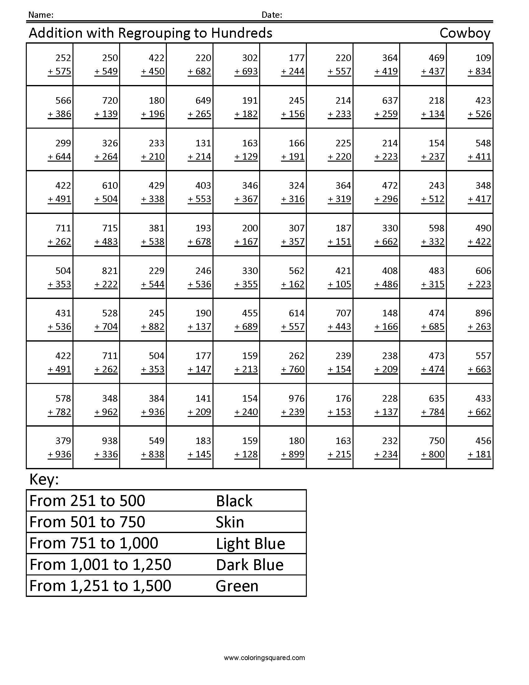3g17 addition regrouping cowboy third grade math coloring squared