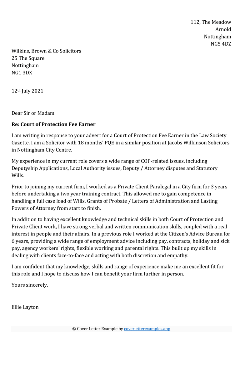 You may not be able to verbalize exactly what you like a. Court Of Protection Fee Earner Solicitor Cover Letter Example Coverletterexamples App