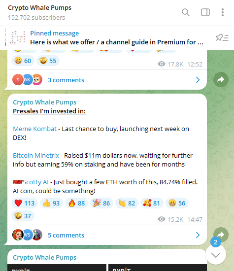 Capture d'écran du télégramme de la pompe à baleine crypto