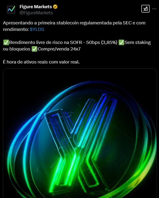 L'image dispose du premier stablecoin régulé par SEC appelé YLDS, qui offre des performances à ses détenteurs. Le texte souligne que YLDS offre une performance libre basée sur le risque basée sur le taux de moins de 50 points de base (3,85%), sans avoir besoin de stimulation ou de blocages arrière. De plus, le stablecoin peut être acheté et vendu 24 heures sur 24, 7 jours par semaine. Le message final souligne l'importance d'investir dans des actifs réels avec une valeur réelle, ce qui suggère que les YLD sont une option sûre et innovante sur le marché financier.