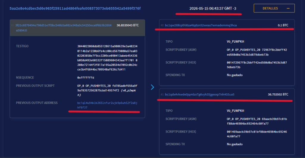 Données issues d'une opération sur le réseau Bitcoin.