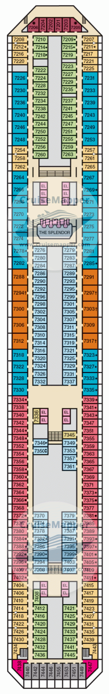 She has 1,845 passenger cabins and 746 crew cabins, and can carry over . Carnival Splendor deck 7 plan | CruiseMapper