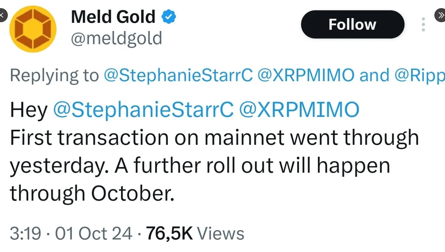 Ripple Joins Meld Gold to Launch Tokenized Gold & Silver on XRPL Meld Gold Confirming First Transaction on Mainnet through Ripple's XRP Ledger