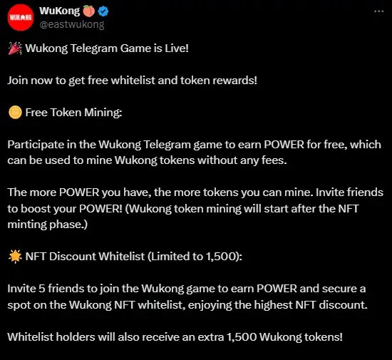 Solana's Wukong Telegram Mini Game Officially Live, Now Win NFT Whitelist & Tokens Solana's Wukong Telegram Mini Game Officially Live, Now Win NFT Whitelist & Tokens
