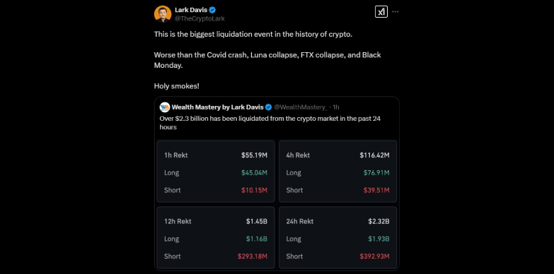 Analyst reports current liquidation as the largest liquidation in the history of crypto