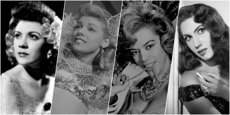 De izquierda a derecha, las actrices y bailarinas cubanas María Antonieta Pons, Ninón Sevilla, Amalia Aguilar y Rosa Carmina