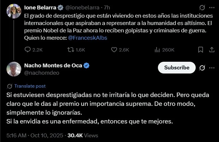El periodista y escritor argentino Nacho Montes de Oca responde a Ione Belarra en X