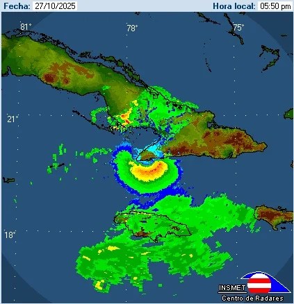 El huracán Melissa, visto por el radar de Pilón a las 5:50 p.m. de este lunes 