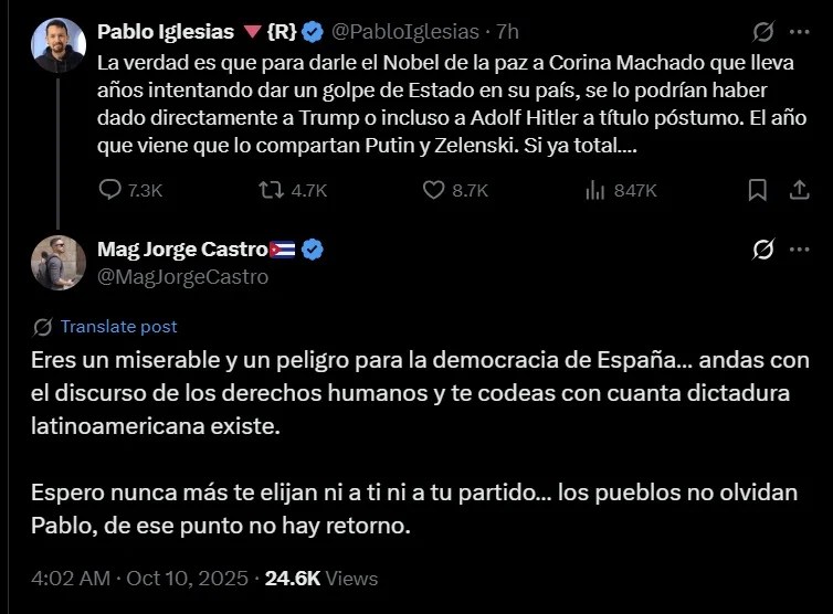 El activista cubano Magdiel Jorge Castro responde a Pablo Iglesias en X