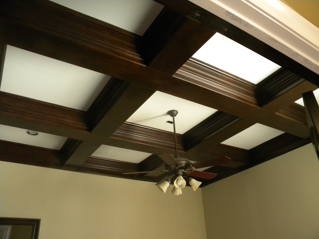 Using a tape measure, determine amount of crown molding needed to cover perimeter of room. David Carpentry Image Portfolio, Coffered Ceilings/Faux Beams