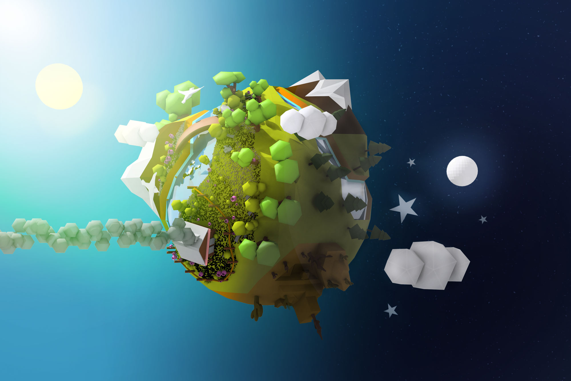 Low Poly Effect About Earth Planet With Several Natural Elements