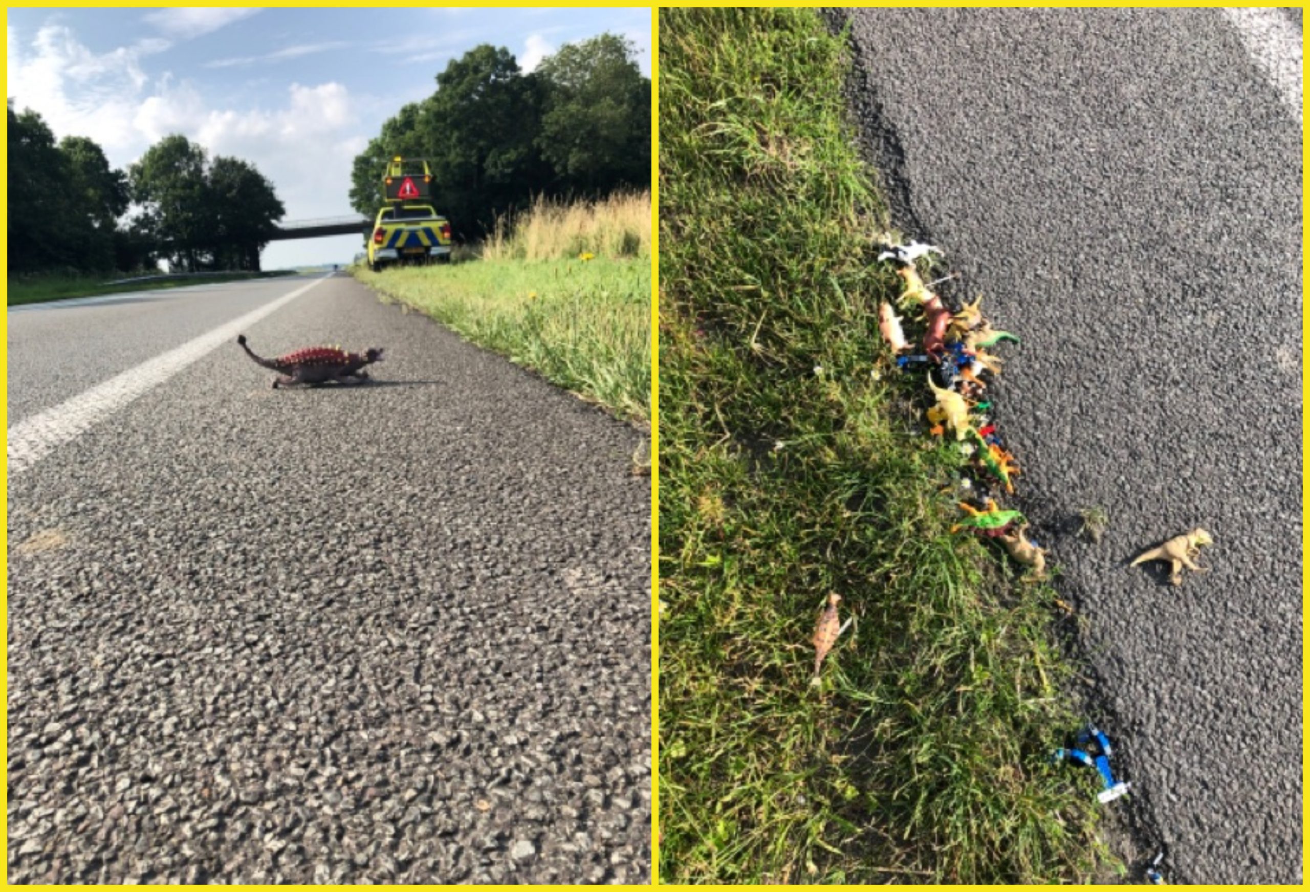 Meldkamer Rijkswaterstaat "Kim, kan jij naar de N33? Er zijn tientallen dino's gesignaleerd." #Noordbroek ???? Wat doe je als je als weginspecteur dienst hebt en je de oproep krijgt om naar de N33 te gaan voor een melding over tientallen dino's ?????? .