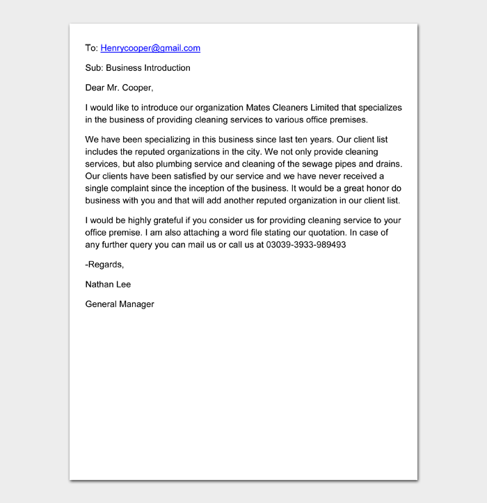 A quotation cover letter refers to a letter written by the seller to a buyer giving information about the pricing of a&nbsp;. 28 Free Business Introduction Letter Format With Examples