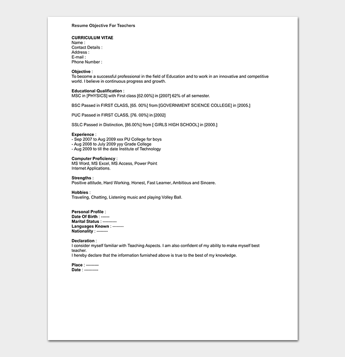 Declaration for waiver of accounting: Teacher Resume Template 19 Samples Formats