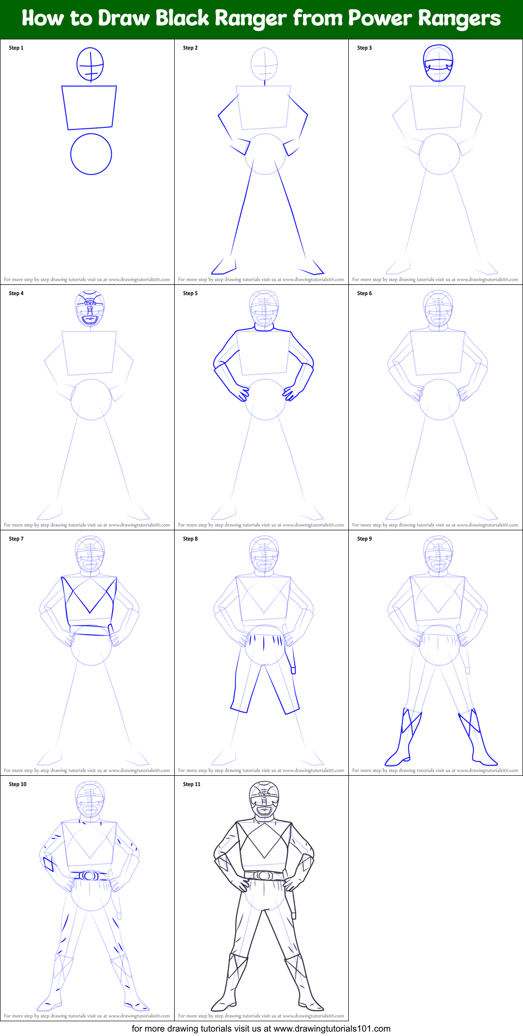 Found 6 free power rangers drawing tutorials which can be drawn using pencil, market, photoshop, illustrator just follow step by step directions. How To Draw Black Ranger From Power Rangers Printable Step By Step Drawing Sheet Drawingtutorials101 Com