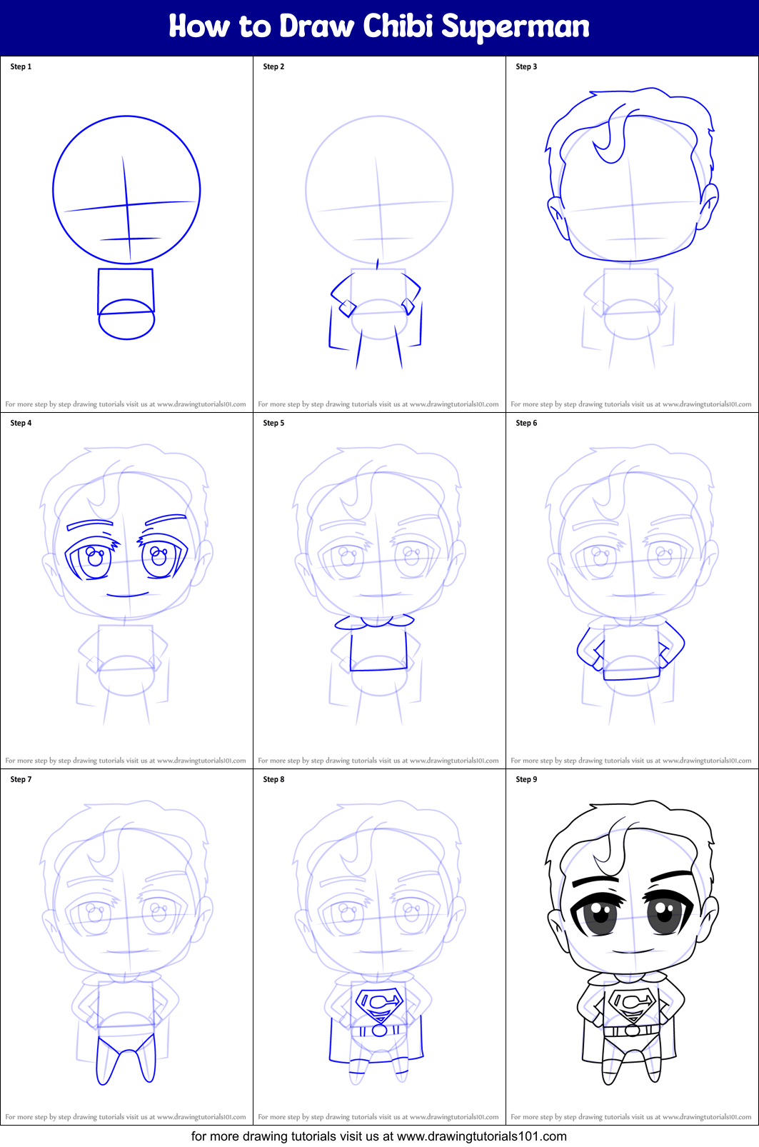 How To Draw Chibi Superman Printable Step By Step Drawing Sheet Drawingtutorials101 Com