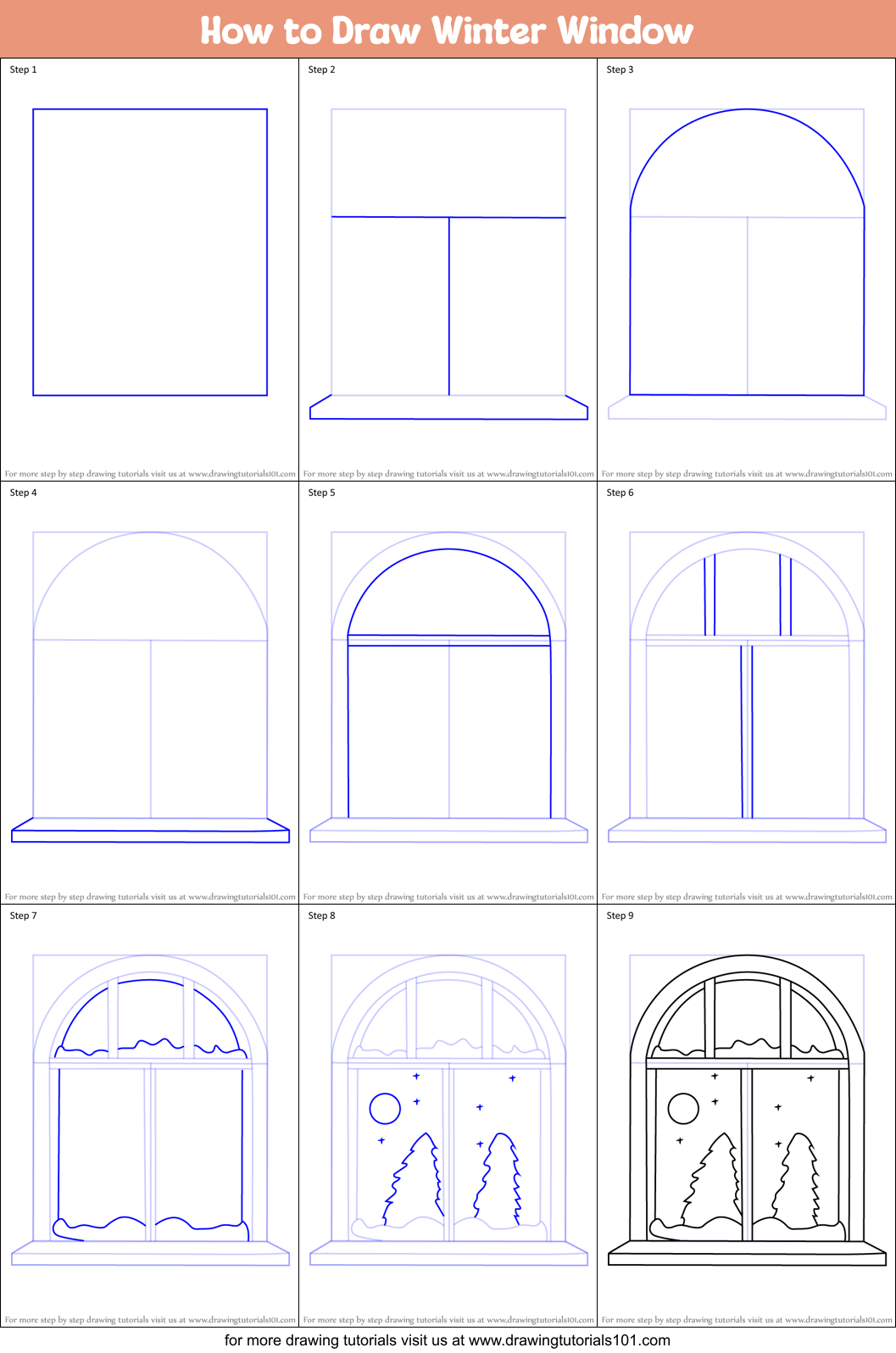 Learn how to draw a window for kids step by step with this elementary drawing tutorial for schoolers and preschoolers. How To Draw Winter Window Printable Step By Step Drawing Sheet Drawingtutorials101 Com