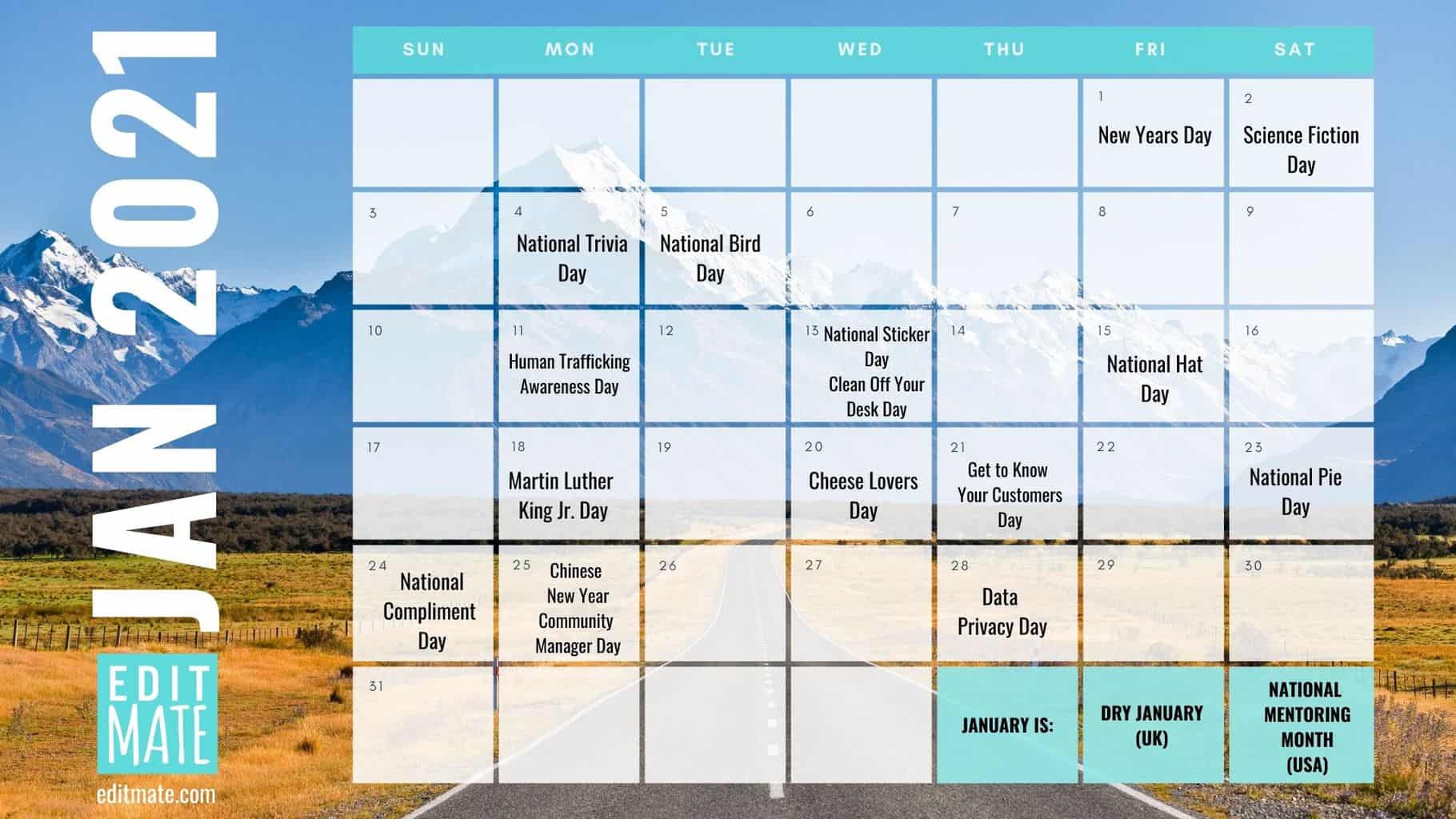 National Day Calendar 2021 - 2021 Social Media Holiday Calendar | EditMate
