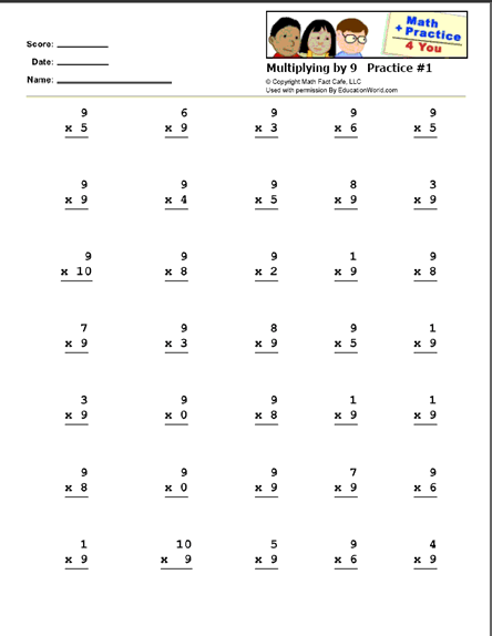 math practice 4 you multiplying by 9 practice sheet 1 education world